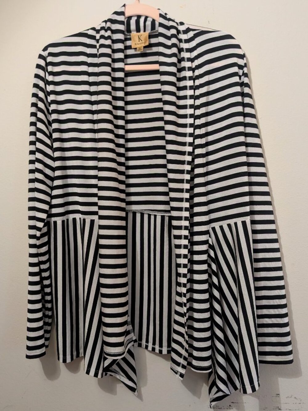 Kasper Black and White Striped Cardigan Open Front Flowing Size XL